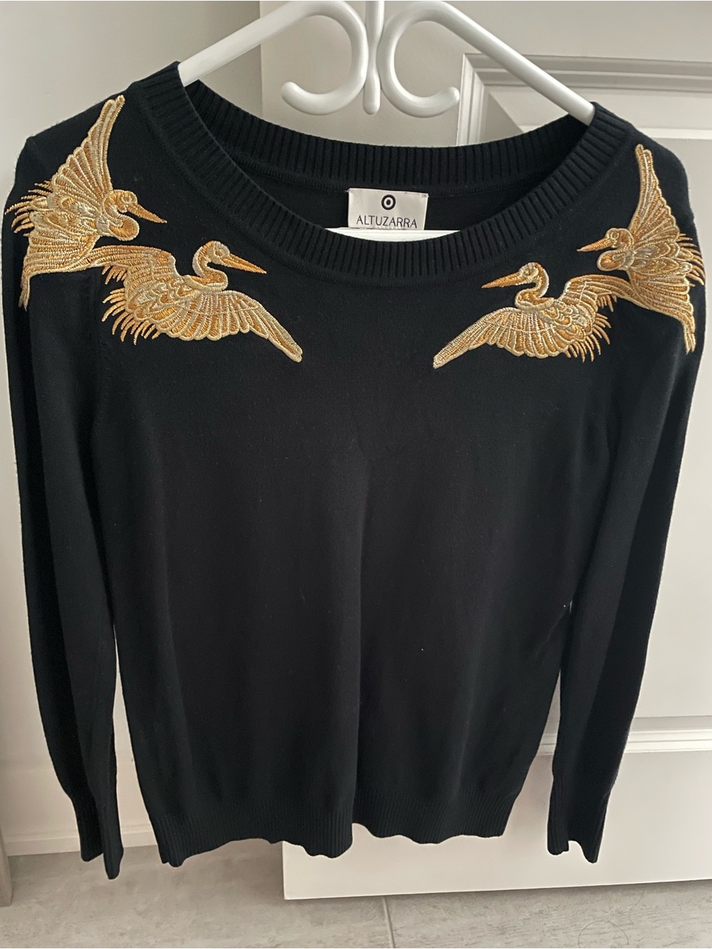 Altuzarra Black Crewneck Sweater with Gold Crane Embroidery